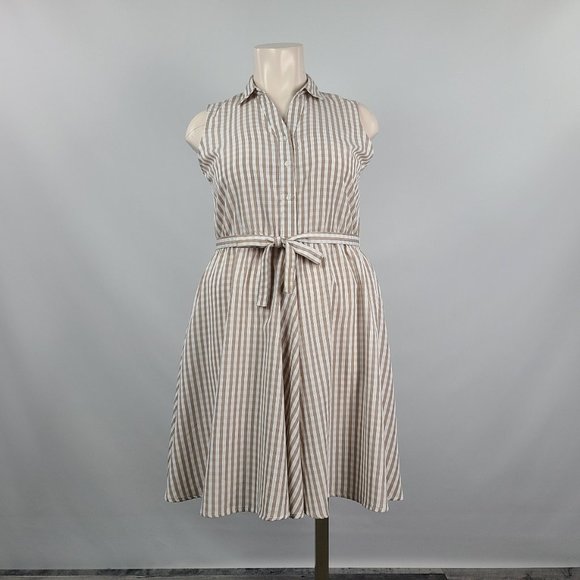 Larry Levine Dresses & Skirts - Larry Levine Brown Gingham Stripe Belted Button Up Dress Size XL
